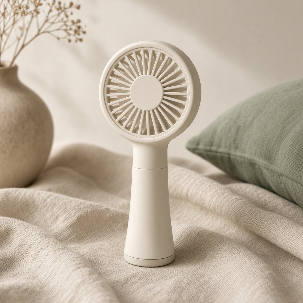 Cream handheld fan standing on linen